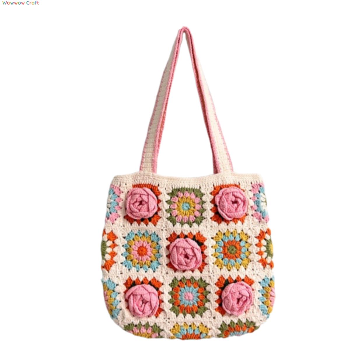 Shoulder Bags,Totes,Handmade Crochet Bags,Pink Flowers Granny Square Tote crocheted with Snow Fairy Yarn - High quality handmade crocheted shoulder bag